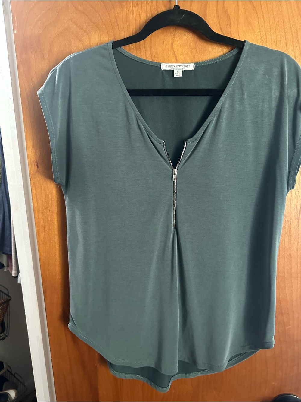 Green Envelope Zip-Front Short Sleeve Top in Sage